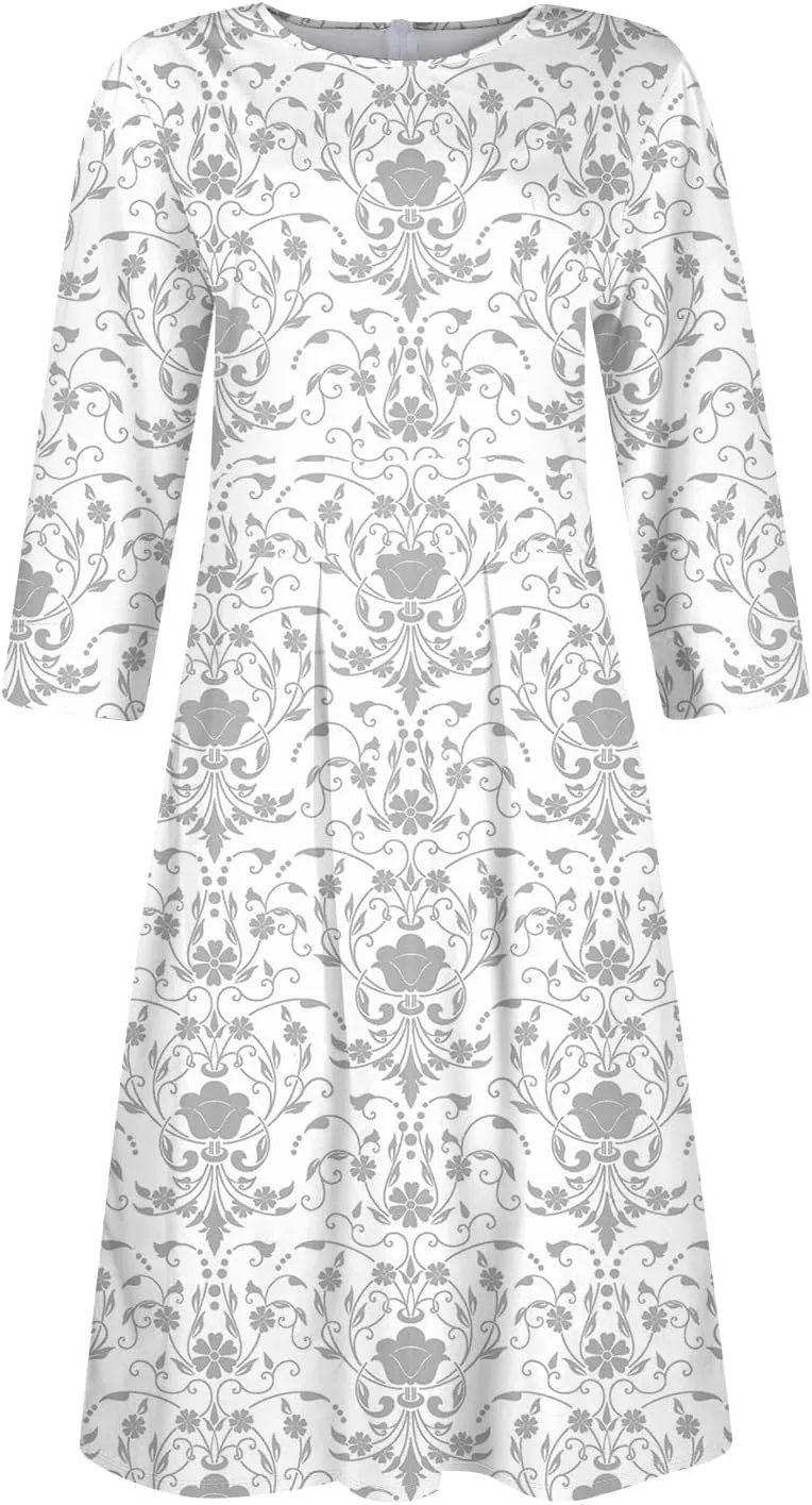Elegant Women's Floral Print A-Line Midi Dress with 3/4 Sleeves Perfect for Casual and Formal Occasions