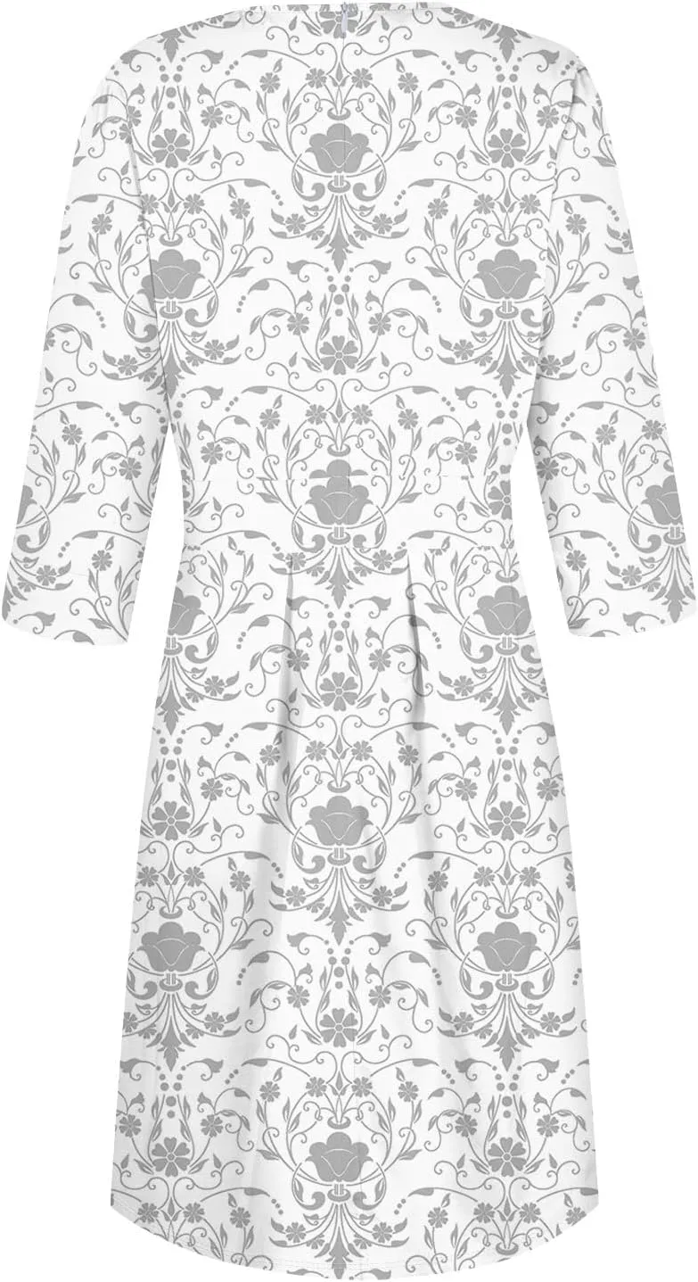 Elegant Women's Floral Print A-Line Midi Dress with 3/4 Sleeves Perfect for Casual and Formal Occasions