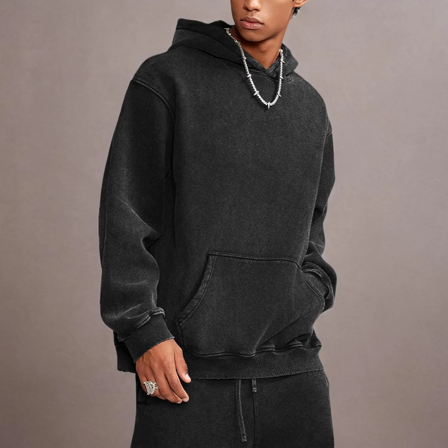 FAIABLE Mens Hoodies Pullover Oversized Hoodie Wash Plush Cotton Hooded Sweatshirt Vintage Heavyweight Hoodie Men Streetwear