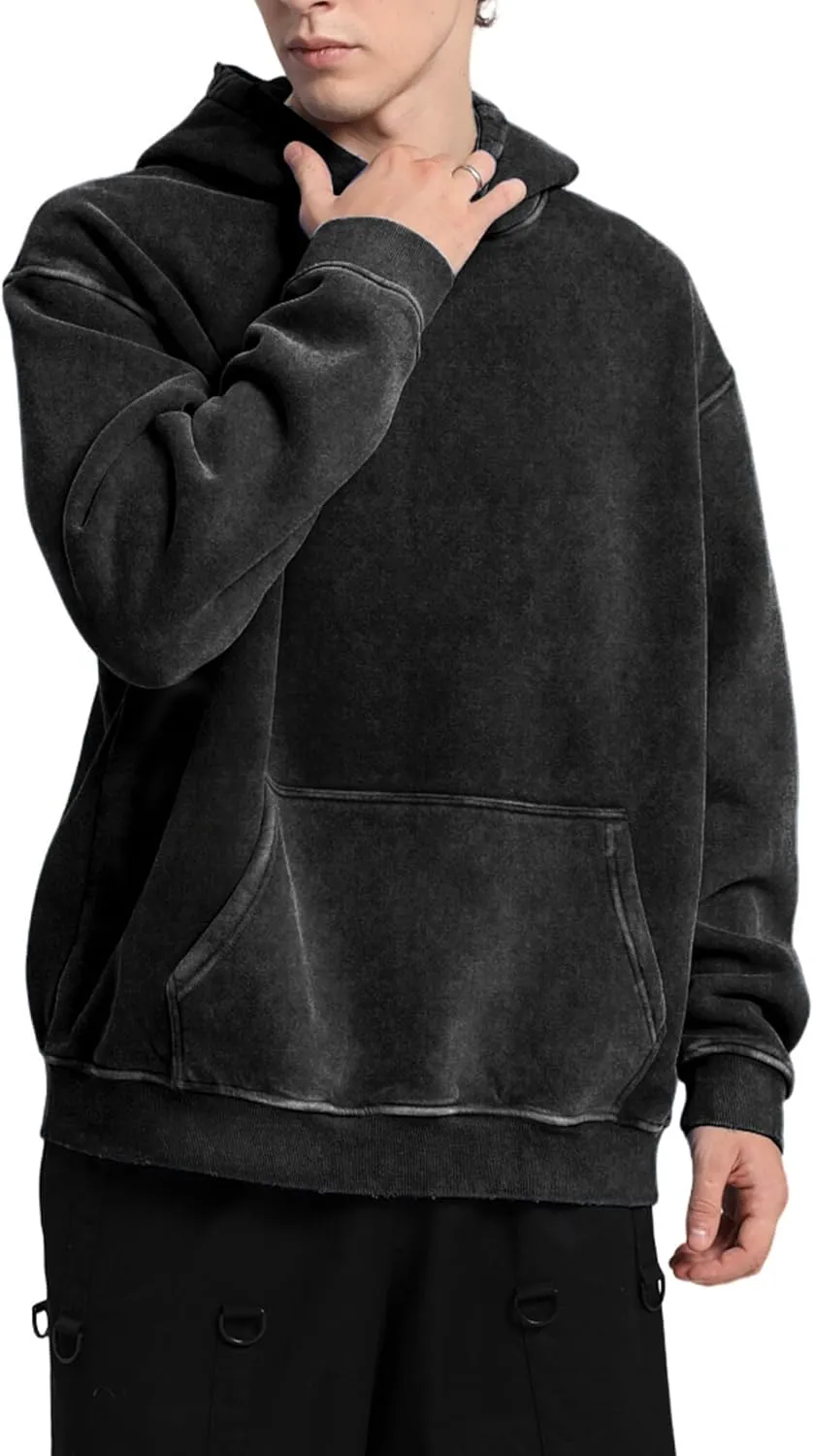 FAIABLE Mens Hoodies Pullover Oversized Hoodie Wash Plush Cotton Hooded Sweatshirt Vintage Heavyweight Hoodie Men Streetwear