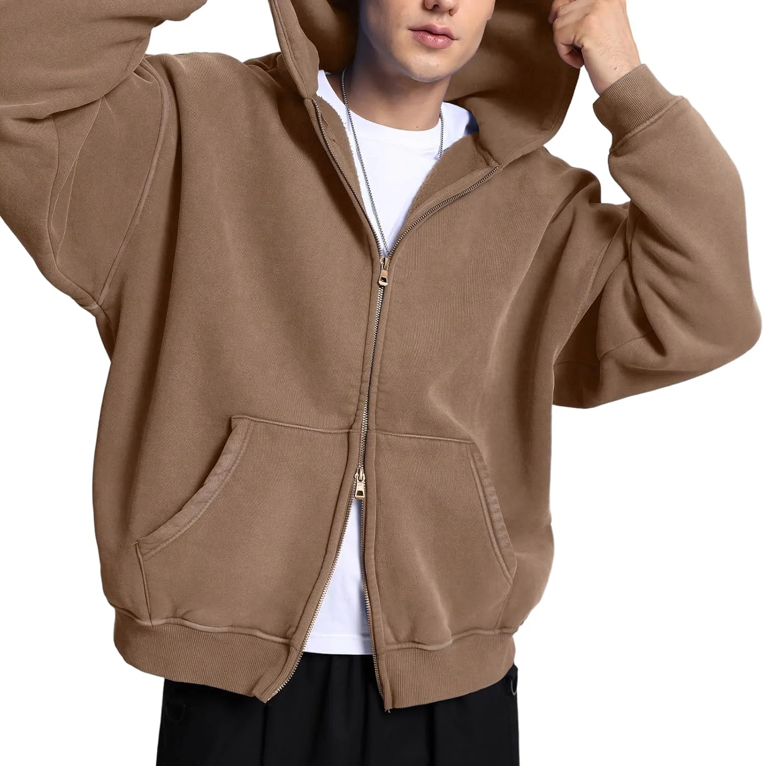 FAIABLE Mens Womens Double Zip Up Hoodie Oversized Acid Wash Hoodies Heavyweight Fleece Cotton Zipper Hoodie Vintage