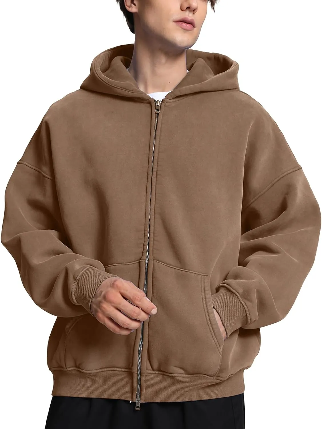 FAIABLE Mens Womens Double Zip Up Hoodie Oversized Acid Wash Hoodies Heavyweight Fleece Cotton Zipper Hoodie Vintage