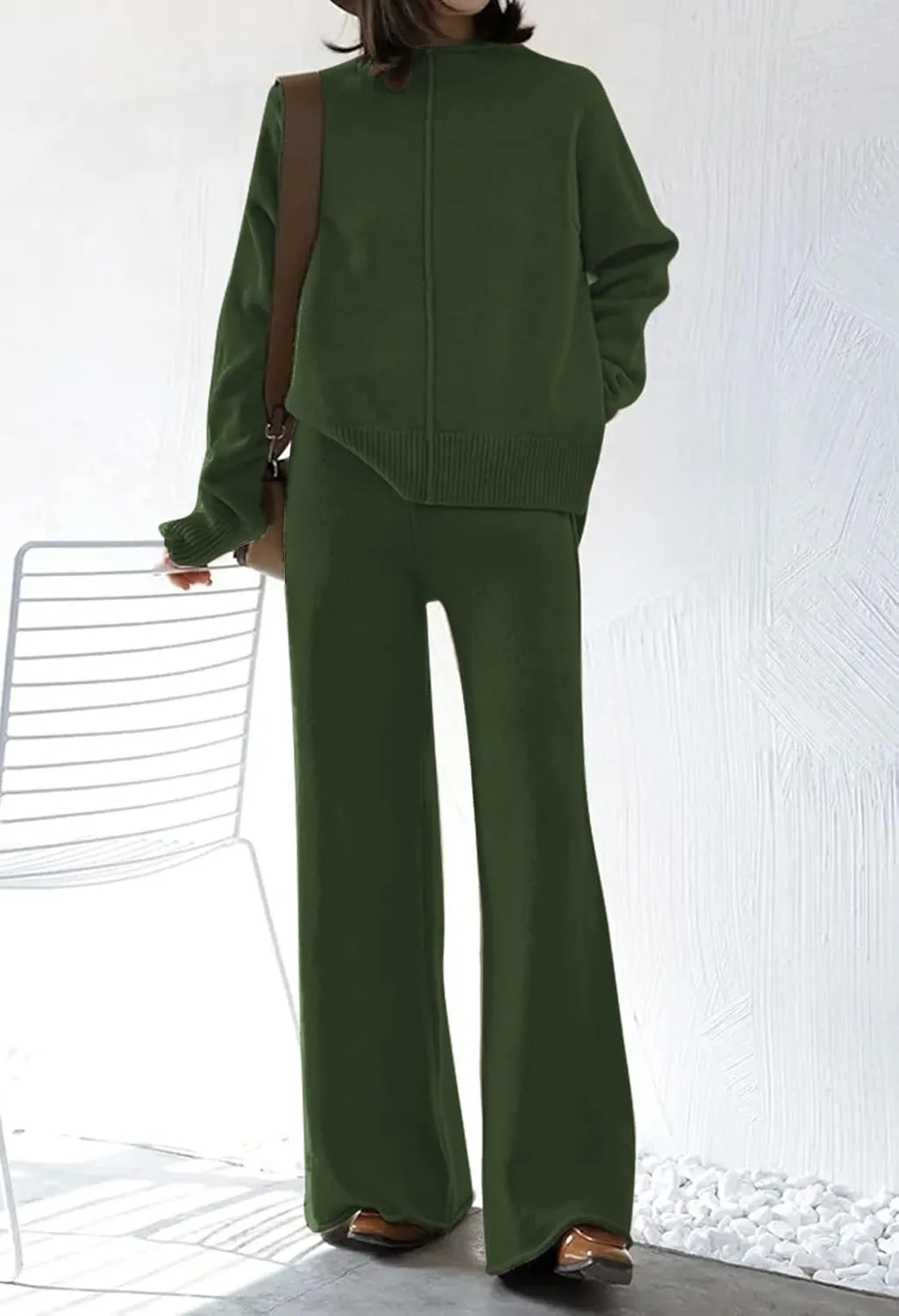 Fixmatti Women Knit Sweatsuit Turtleneck Sweater Top and Wide Leg Pant 2 Piece Outfits