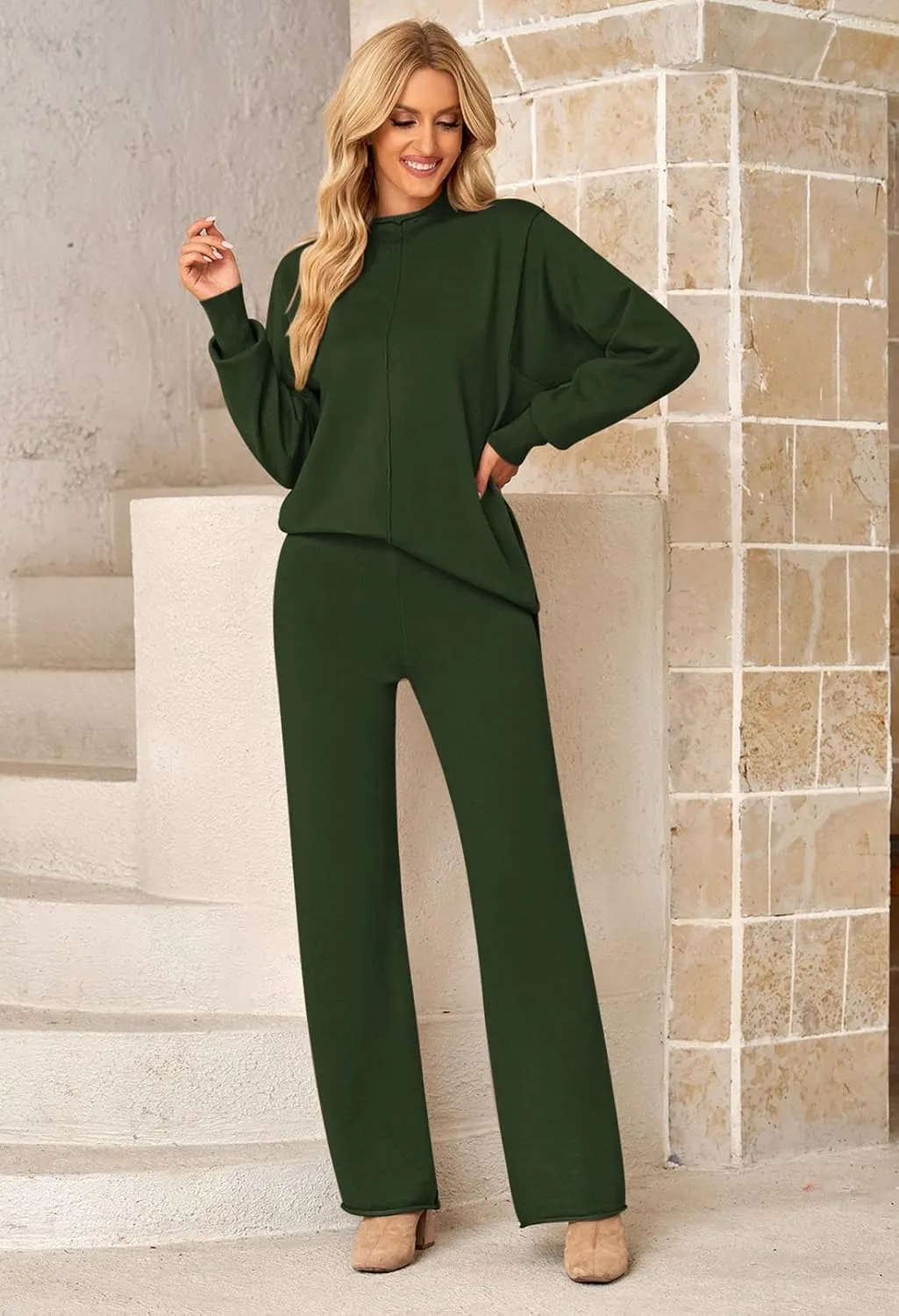 Fixmatti Women Knit Sweatsuit Turtleneck Sweater Top and Wide Leg Pant 2 Piece Outfits