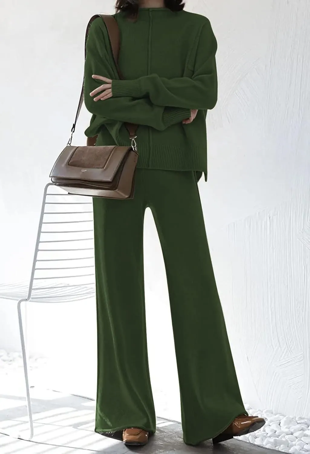 Fixmatti Women Knit Sweatsuit Turtleneck Sweater Top and Wide Leg Pant 2 Piece Outfits