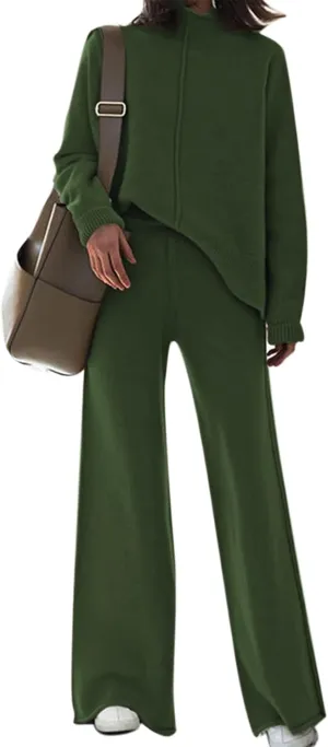 Fixmatti Women Knit Sweatsuit Turtleneck Sweater Top and Wide Leg Pant 2 Piece Outfits
