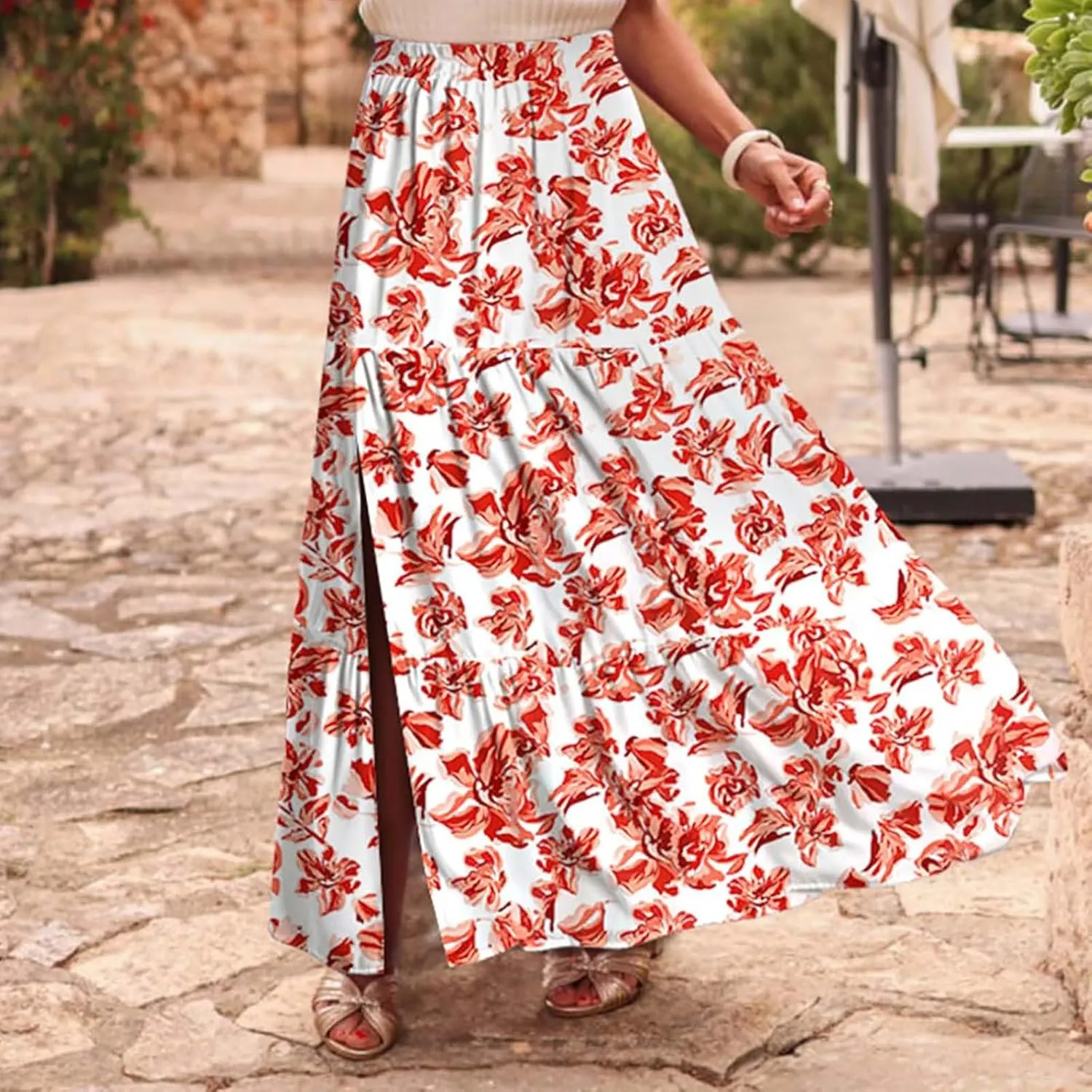 Floral Maxi Skirts for Women Summer Elastic High Waisted Flowy A Line Casual Boho Slit Long Beach Vacation Skirt