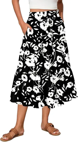 Floral Midi Skirts for Women High Waisted Knee Length Flowy Boho Skirts Casual Tiered A Line Skirt with Pockets
