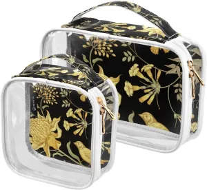 Flowers-birds-pattern 2 Pack Clear Toiletry Bag Women Men, Portable Waterproof Clear Pouch, Cosmetic Bag with Double Zippers Large Opening Traveling with Handle for Bathroom Traveling Vacation Organiz