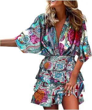 Formal Dresses for Women Batwing Sleeve V Neck Elastic Waist Boho Overall Work Dresses for Women