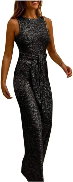 Franterd Jumpsuit for Womens Party, Elegant Sexy Sleeveless Wide Leg Pants Cocktail Pantsuit Jumpsuit Romper with Belt