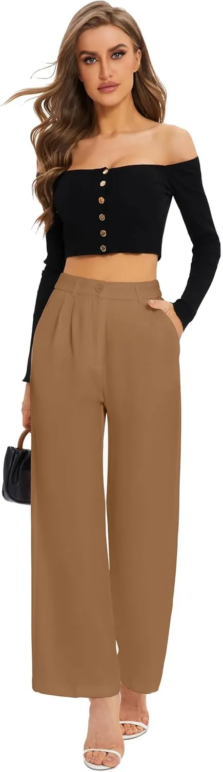 FUNYYZO Wide Leg Pants Women's High Elastic Waisted in The Back Business Work Trousers Long Straight Suit Pants
