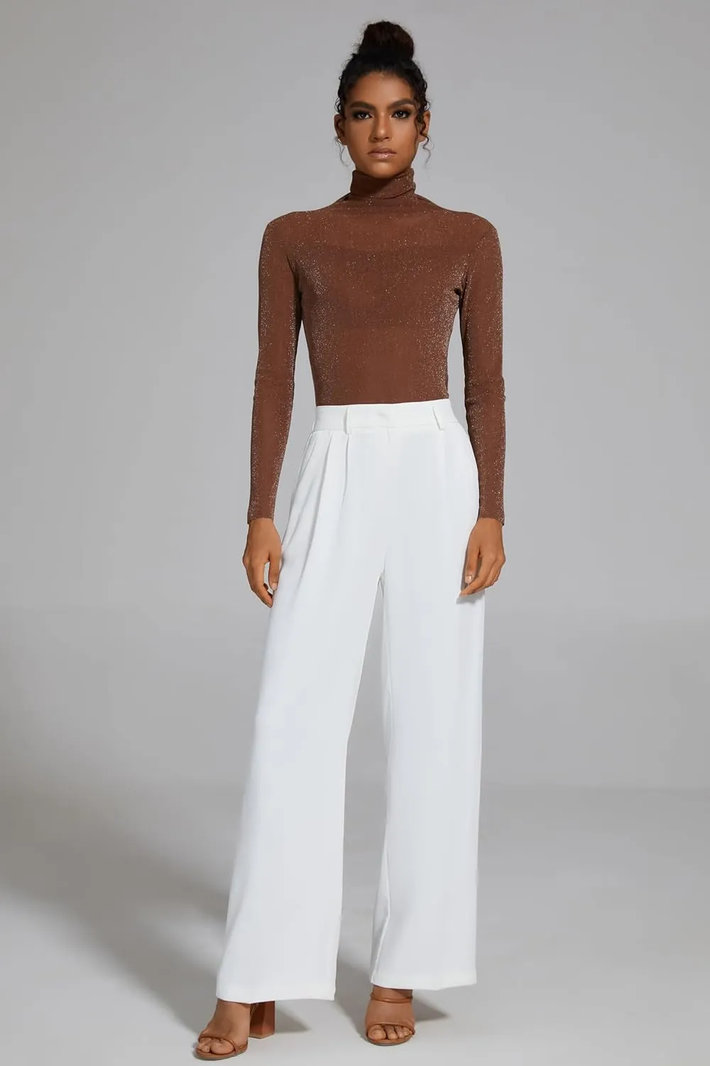 FUNYYZO Wide Leg Pants Women's High Elastic Waisted in The Back Business Work Trousers Long Straight Suit Pants