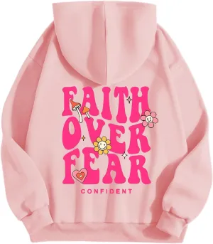 Girl's Faith Over Fear Hoodie Christian Religious Inspirational Sweatshirt for Teen Girls Cute Cartoon Graphic Hoodies