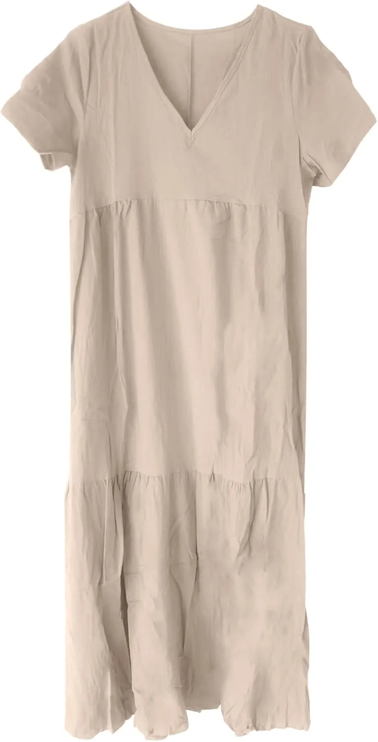 GOKKILRW Womens Oversized Baggy Flowy Maxi Dress Linen Summer Beach V Neck Casual Long Dress Plus Size Short Sleeve Dresses