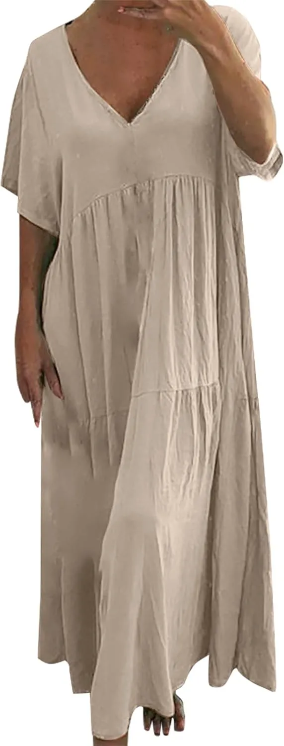 GOKKILRW Womens Oversized Baggy Flowy Maxi Dress Linen Summer Beach V Neck Casual Long Dress Plus Size Short Sleeve Dresses