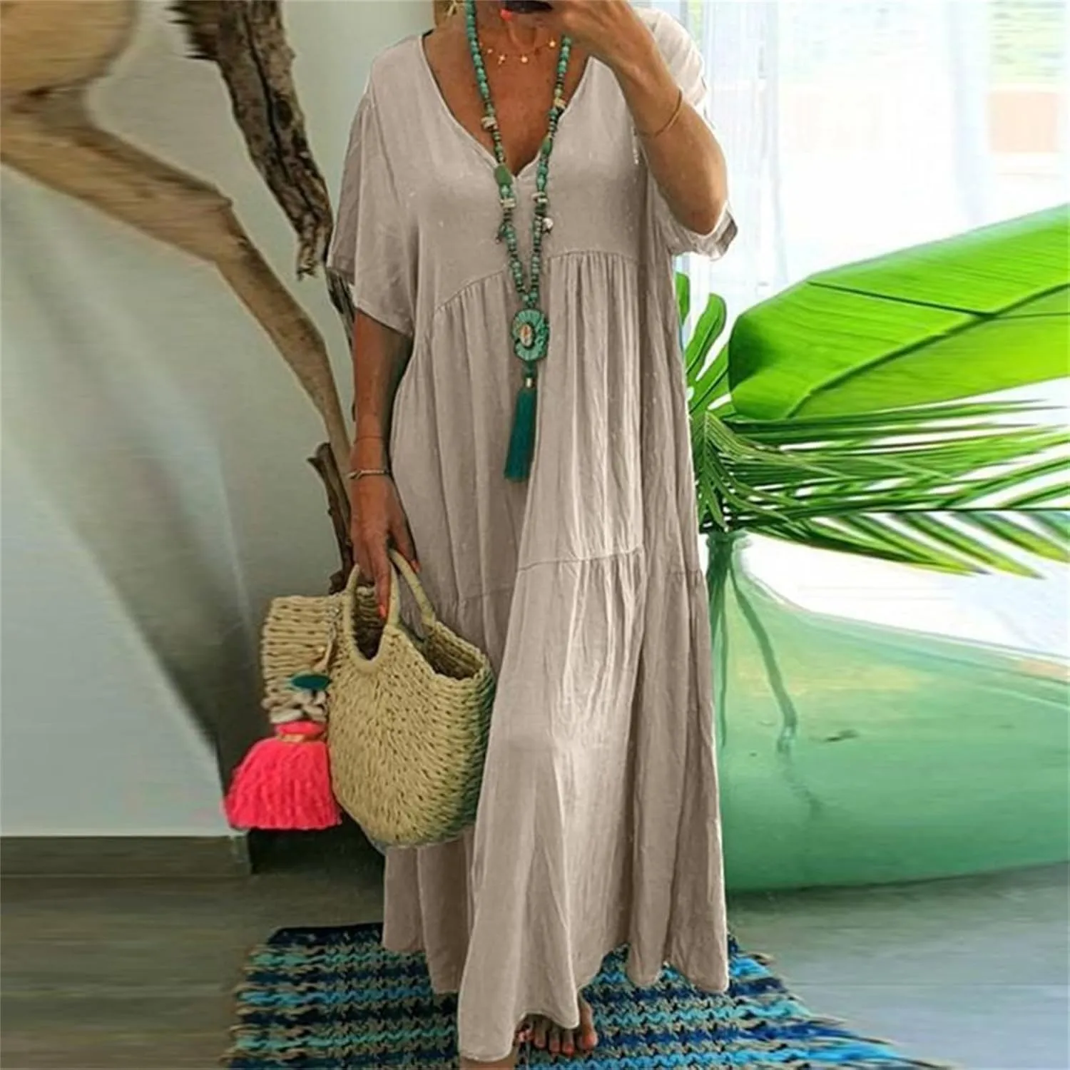 GOKKILRW Womens Oversized Baggy Flowy Maxi Dress Linen Summer Beach V Neck Casual Long Dress Plus Size Short Sleeve Dresses