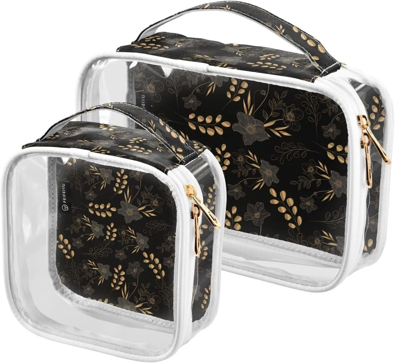 Gold-floral-pattern 2 Pack Clear Toiletry Bag Women Men, Portable Waterproof Clear Pouch, Cosmetic Bag with Double Zippers Large Opening Traveling with Handle for Bathroom Traveling Vacation Organizin