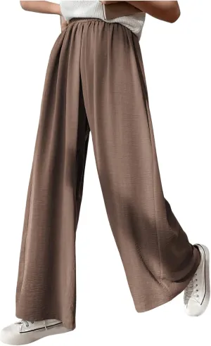 GORGLITTER Women's High Waisted Palazzo Pants Elastic Waist Loose Wide Leg Trouser Pants Brown Small