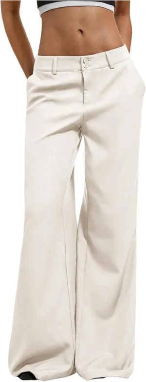 GORGLITTER Women's Low Rise Dress Pants Dressy Casual Low Waisted Wide Leg Straight Trousers Capri Pants Work Business