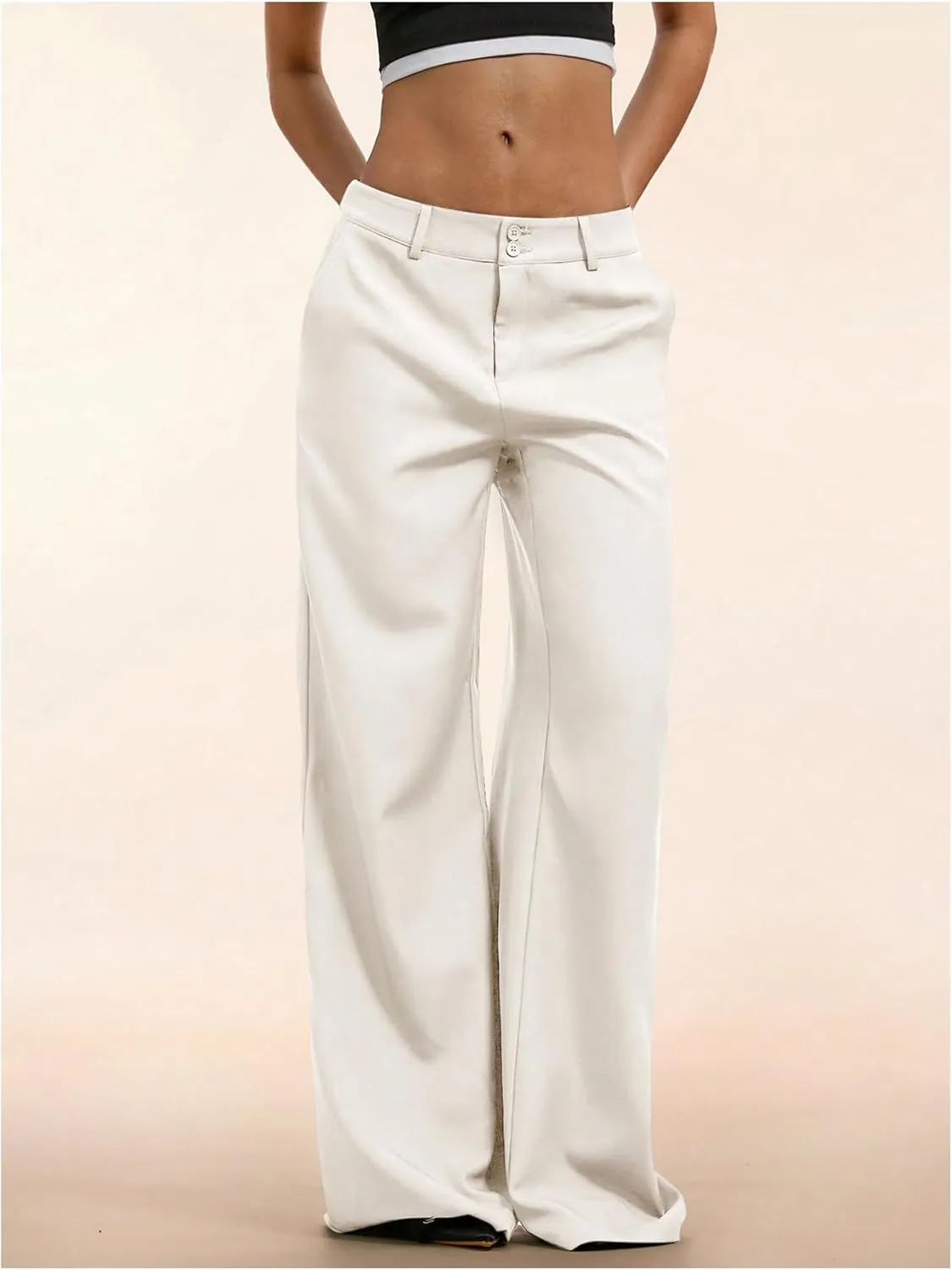 GORGLITTER Women's Low Rise Dress Pants Dressy Casual Low Waisted Wide Leg Straight Trousers Capri Pants Work Business