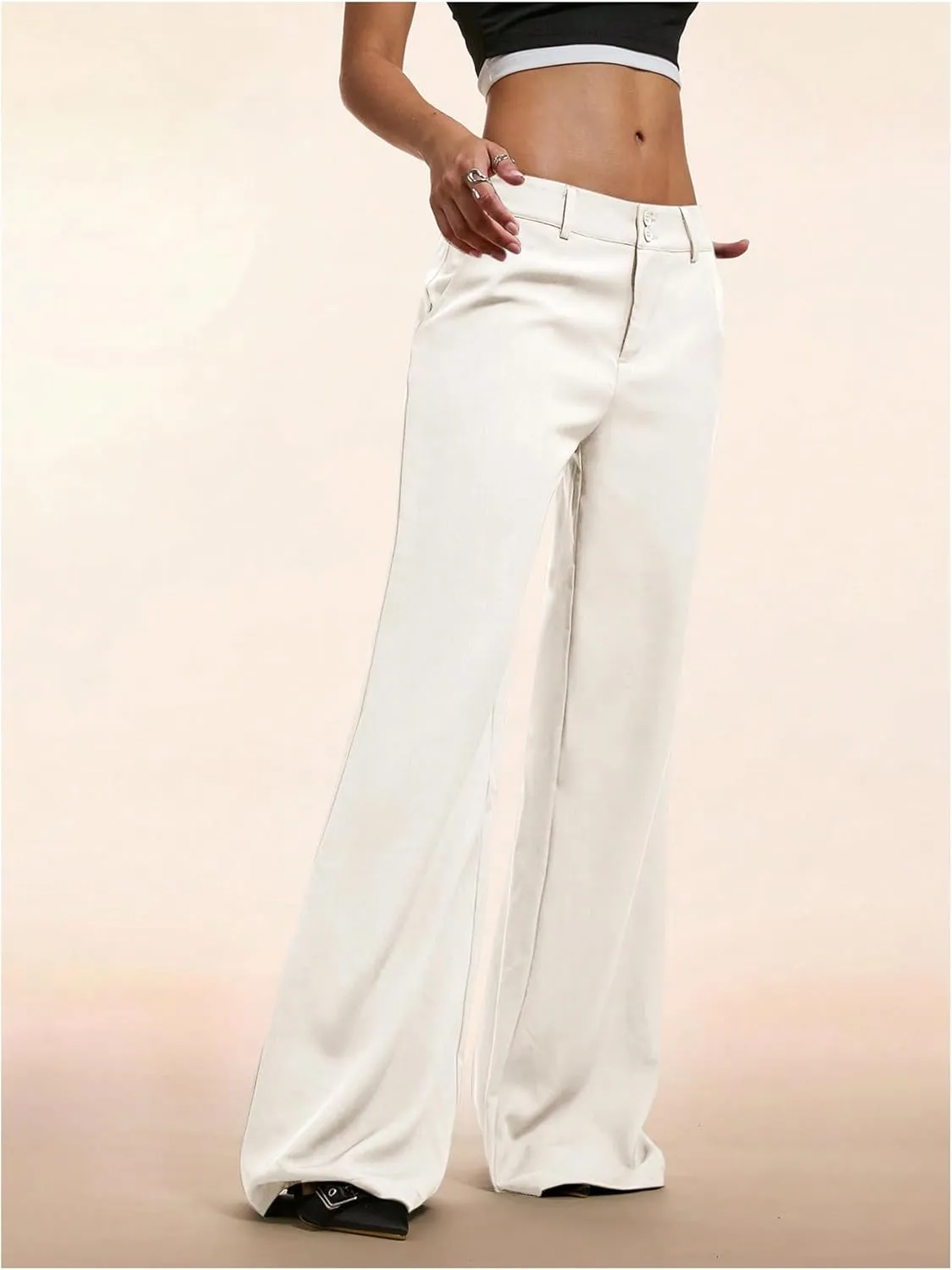 GORGLITTER Women's Low Rise Dress Pants Dressy Casual Low Waisted Wide Leg Straight Trousers Capri Pants Work Business