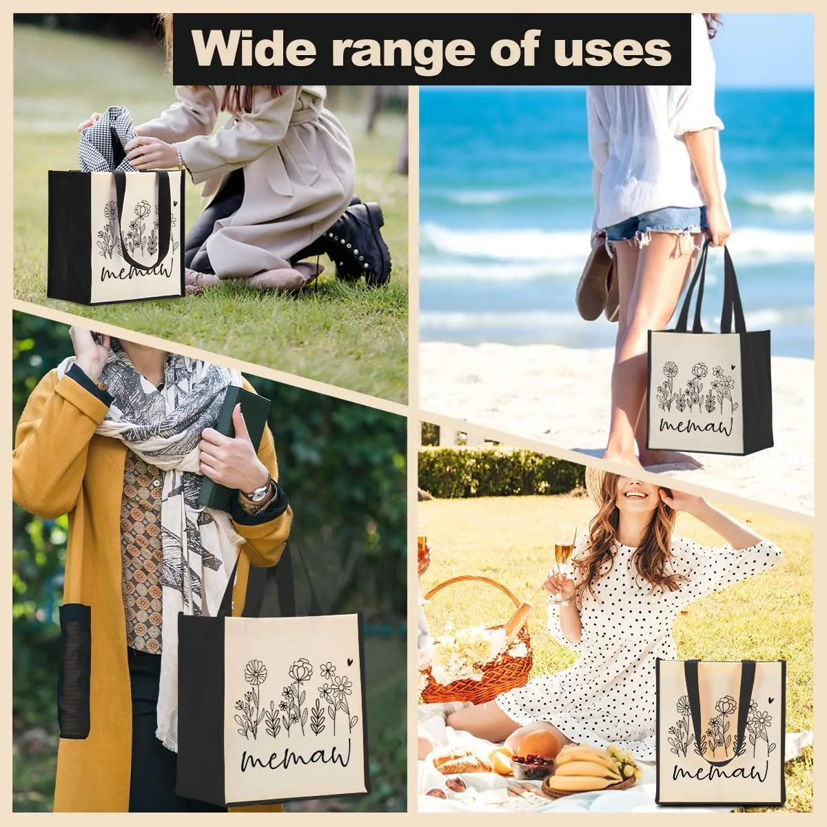 Grandma Mimi Gigi Grammy Nana Memaw Nanny Mama Mum Mom Auntie Gifts Reusable Canvas Tote Bag for Women