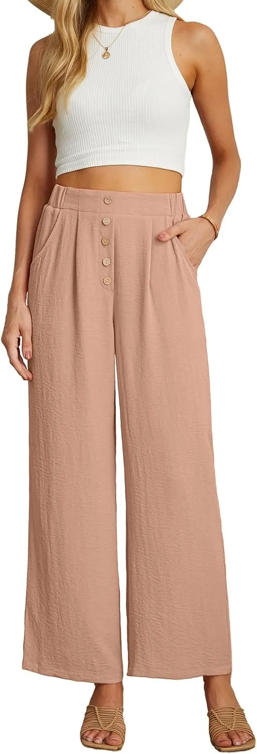 GRECERELLE Women Palazzo Pants Wide Leg Flowy Pants High Waist Casual Button Long Lounge Pant Trousers with Pocket