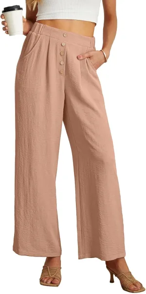 GRECERELLE Women Palazzo Pants Wide Leg Flowy Pants High Waist Casual Button Long Lounge Pant Trousers with Pocket