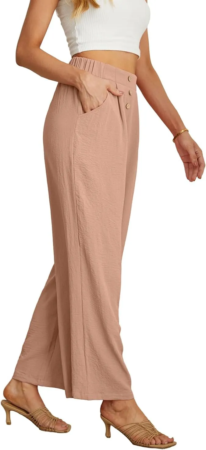 GRECERELLE Women Palazzo Pants Wide Leg Flowy Pants High Waist Casual Button Long Lounge Pant Trousers with Pocket