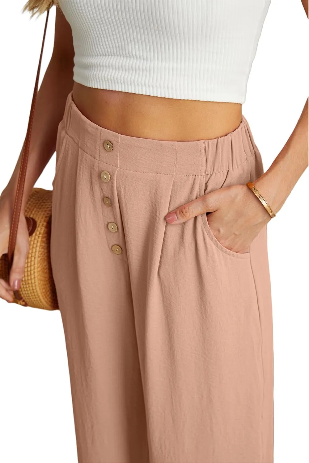 GRECERELLE Women Palazzo Pants Wide Leg Flowy Pants High Waist Casual Button Long Lounge Pant Trousers with Pocket