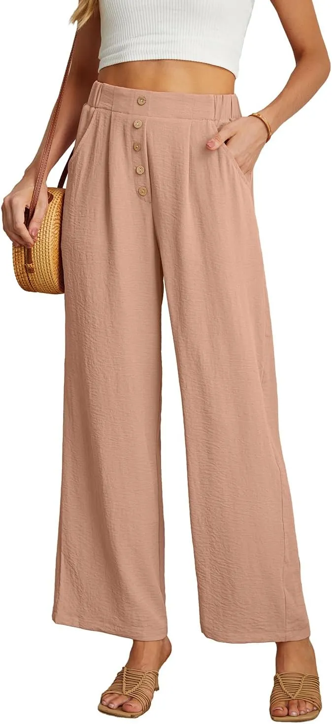 GRECERELLE Women Palazzo Pants Wide Leg Flowy Pants High Waist Casual Button Long Lounge Pant Trousers with Pocket