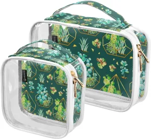 Green Cactus-pattern 2 Pack Clear Toiletry Bag Women Men, Portable Waterproof Clear Pouch, Cosmetic Bag with Double Zippers Large Opening Traveling with Handle for Bathroom Traveling Vacation Organizi