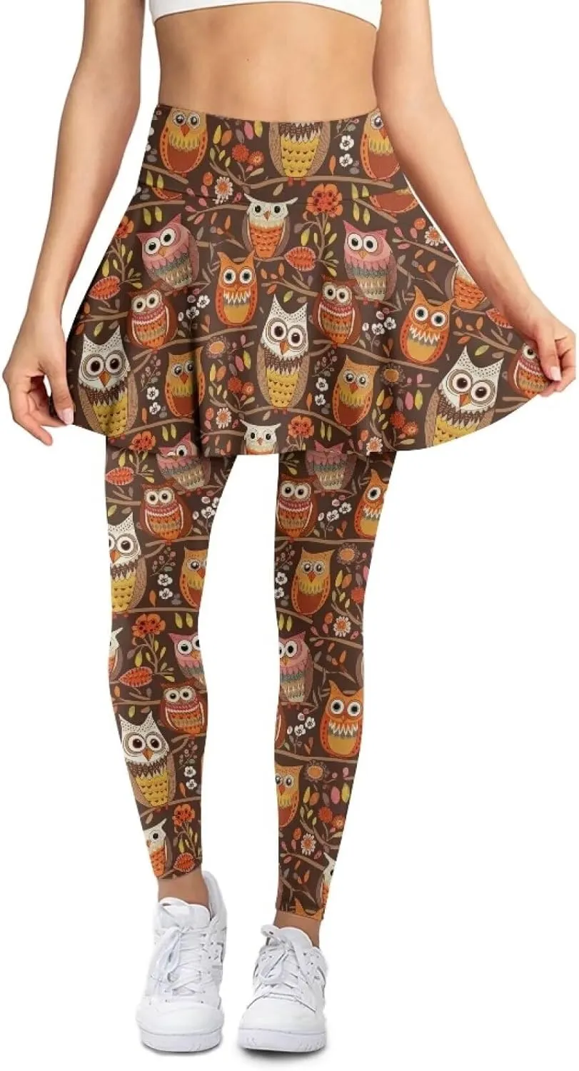 Hand Drawings Womens Skirt Leggings Lotus Flower Skirts Pants Running Tiger Painting Slim Trousers with Skirt