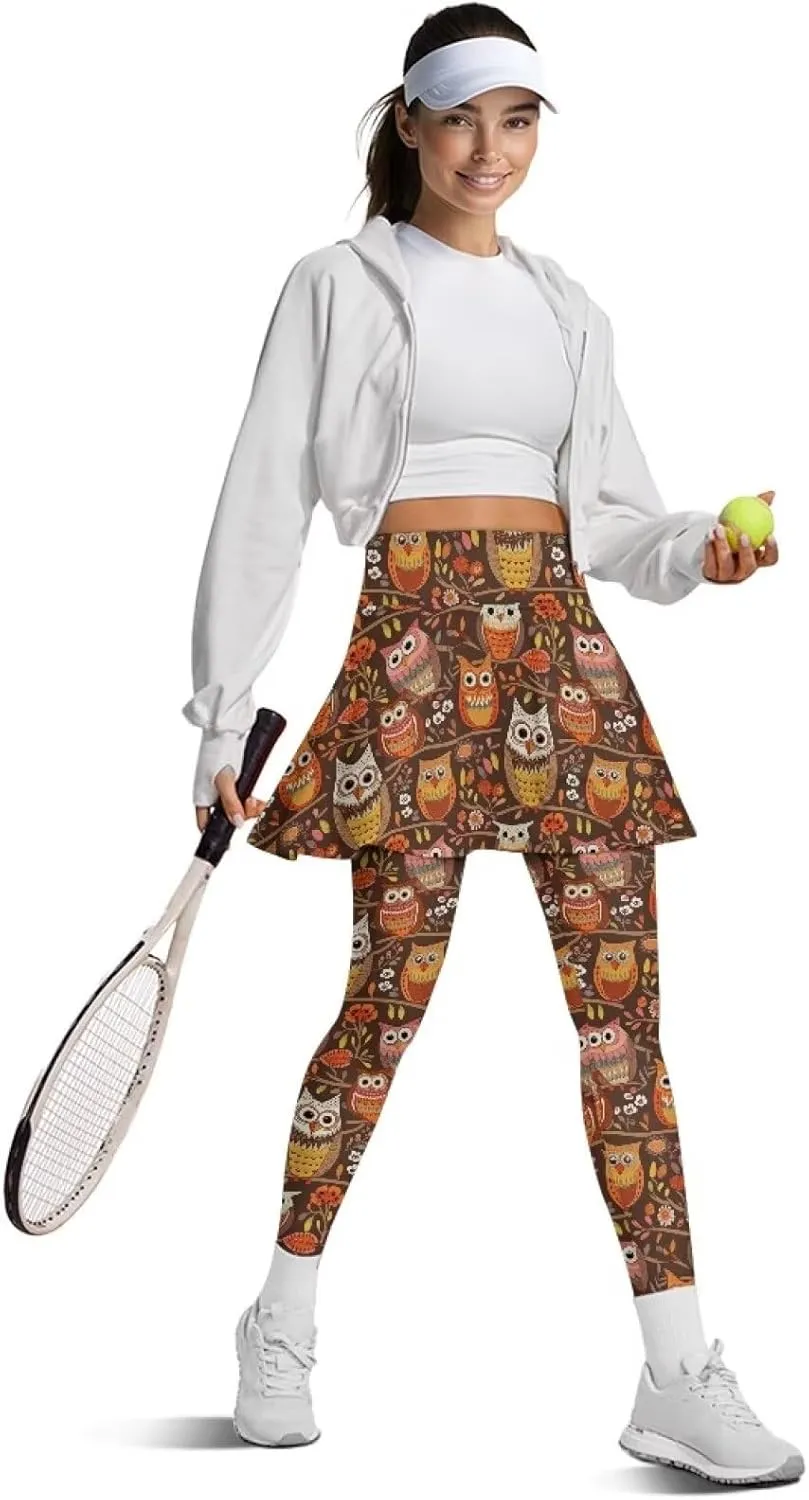 Hand Drawings Womens Skirt Leggings Lotus Flower Skirts Pants Running Tiger Painting Slim Trousers with Skirt