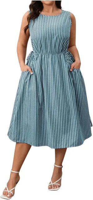 HGps8w Summer Dresses for Women 2025 Plus Size Elegant Striped A-Line Casual Sleeveless Wedding Guest Midi Dress with Pockets