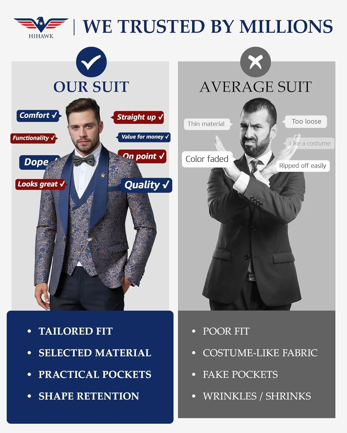 Hihawk Mens 3 Piece Floral Tuxedo, Jacquard Slim Suit Set, Paisley Blazer Vest and Pants with Bow Tie for Prom Wedding