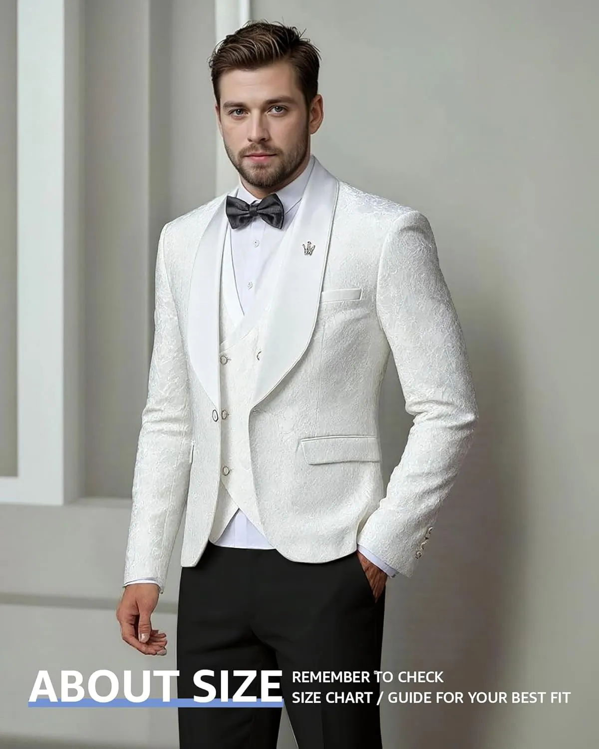 Hihawk Mens 3 Piece Floral Tuxedo, Jacquard Slim Suit Set, Paisley Blazer Vest and Pants with Bow Tie for Prom Wedding