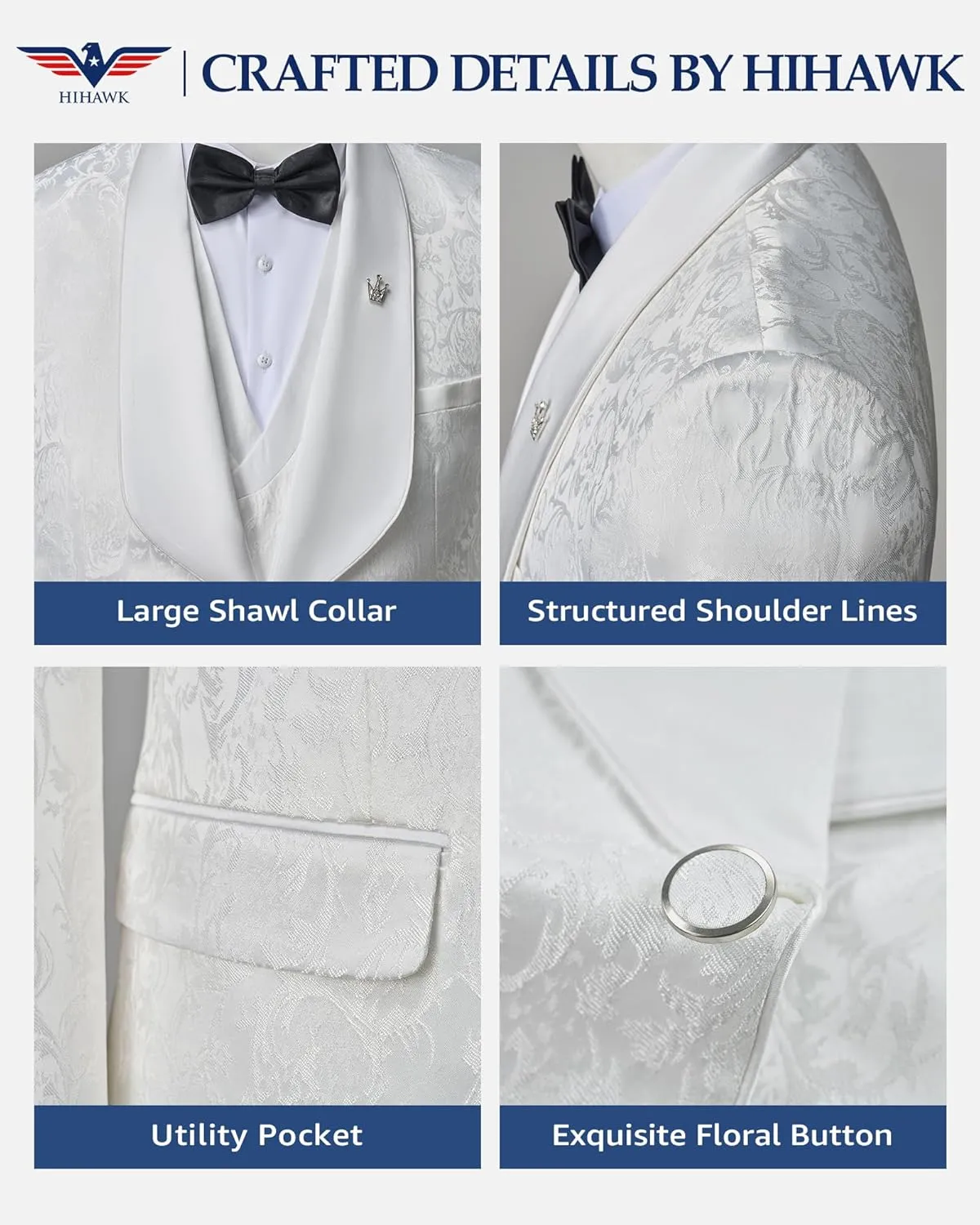 Hihawk Mens 3 Piece Floral Tuxedo, Jacquard Slim Suit Set, Paisley Blazer Vest and Pants with Bow Tie for Prom Wedding