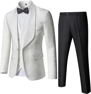 Hihawk Mens 3 Piece Floral Tuxedo, Jacquard Slim Suit Set, Paisley Blazer Vest and Pants with Bow Tie for Prom Wedding