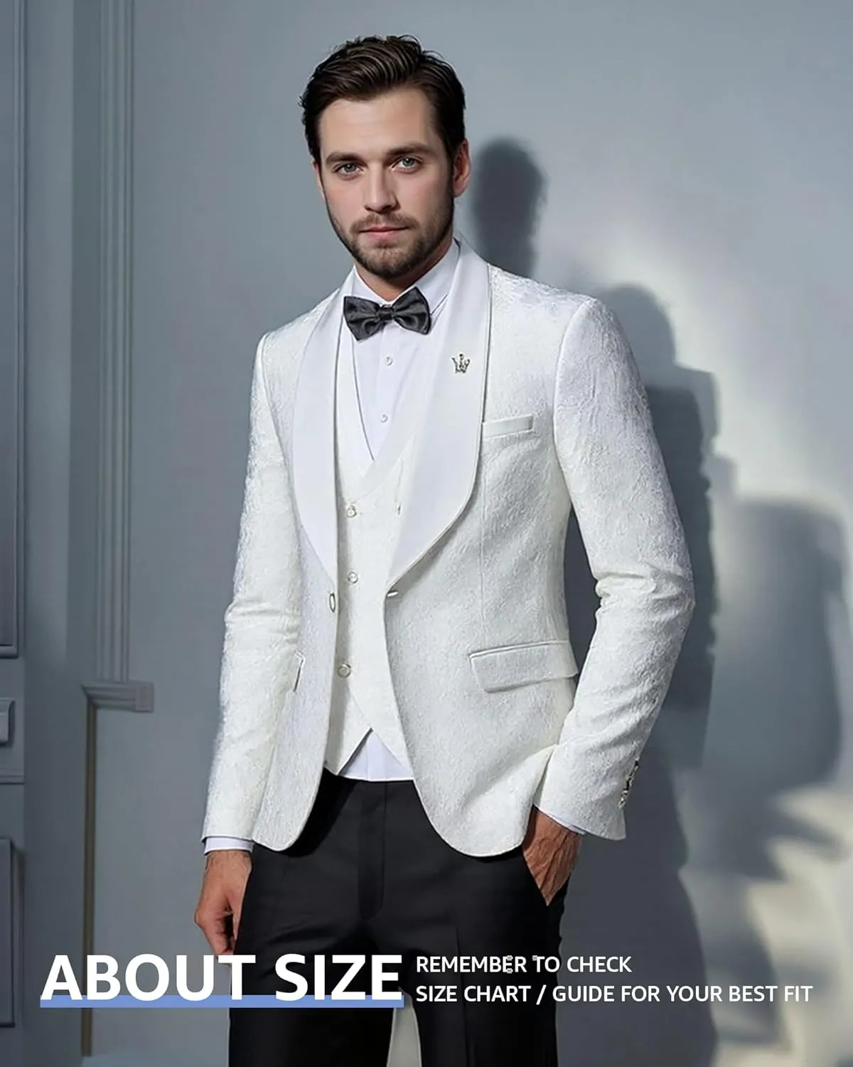 Hihawk Mens 3 Piece Floral Tuxedo, Jacquard Slim Suit Set, Paisley Blazer Vest and Pants with Bow Tie for Prom Wedding