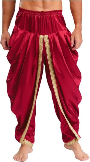 Hularka India Satin Dhoti for Men Elastic Waistband Ruffle Pants Draped Hippie Yoga Trousers Harem Baggy Pant