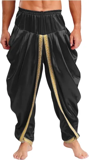 Hularka India Satin Dhoti for Men Elastic Waistband Ruffle Pants Draped Hippie Yoga Trousers Harem Baggy Pant