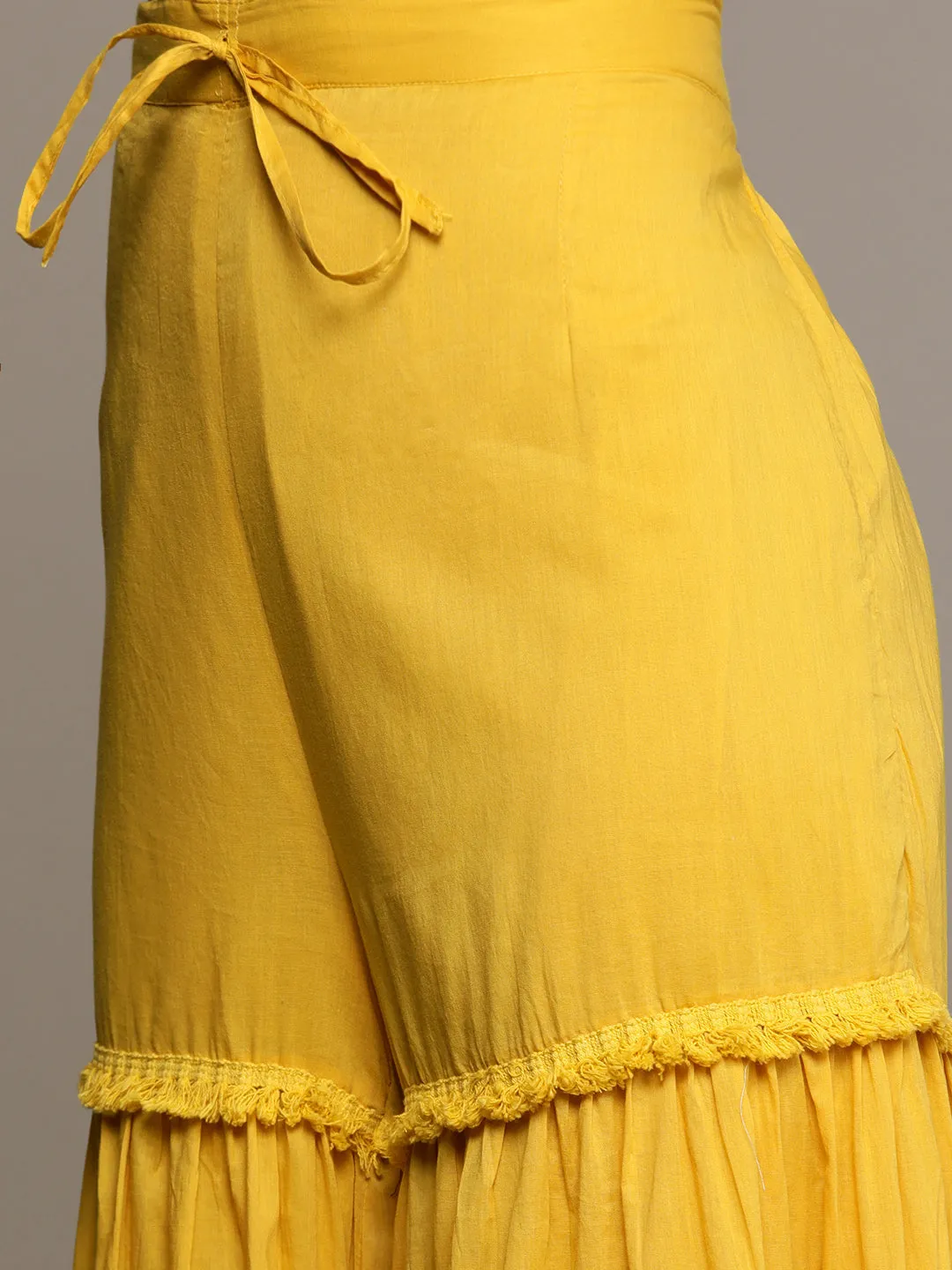 Ishin Women's Yellow Embroidered Straight Kurta with Sharara & Dupatta