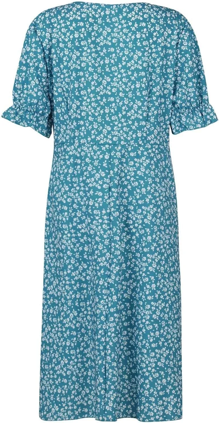 JJHAEVDY Dresses for Women 2024 Printed Short Sleeve Dress V Neck Ruffle Hem Dresses Summer Beach Dresses Elegant Midi Dress