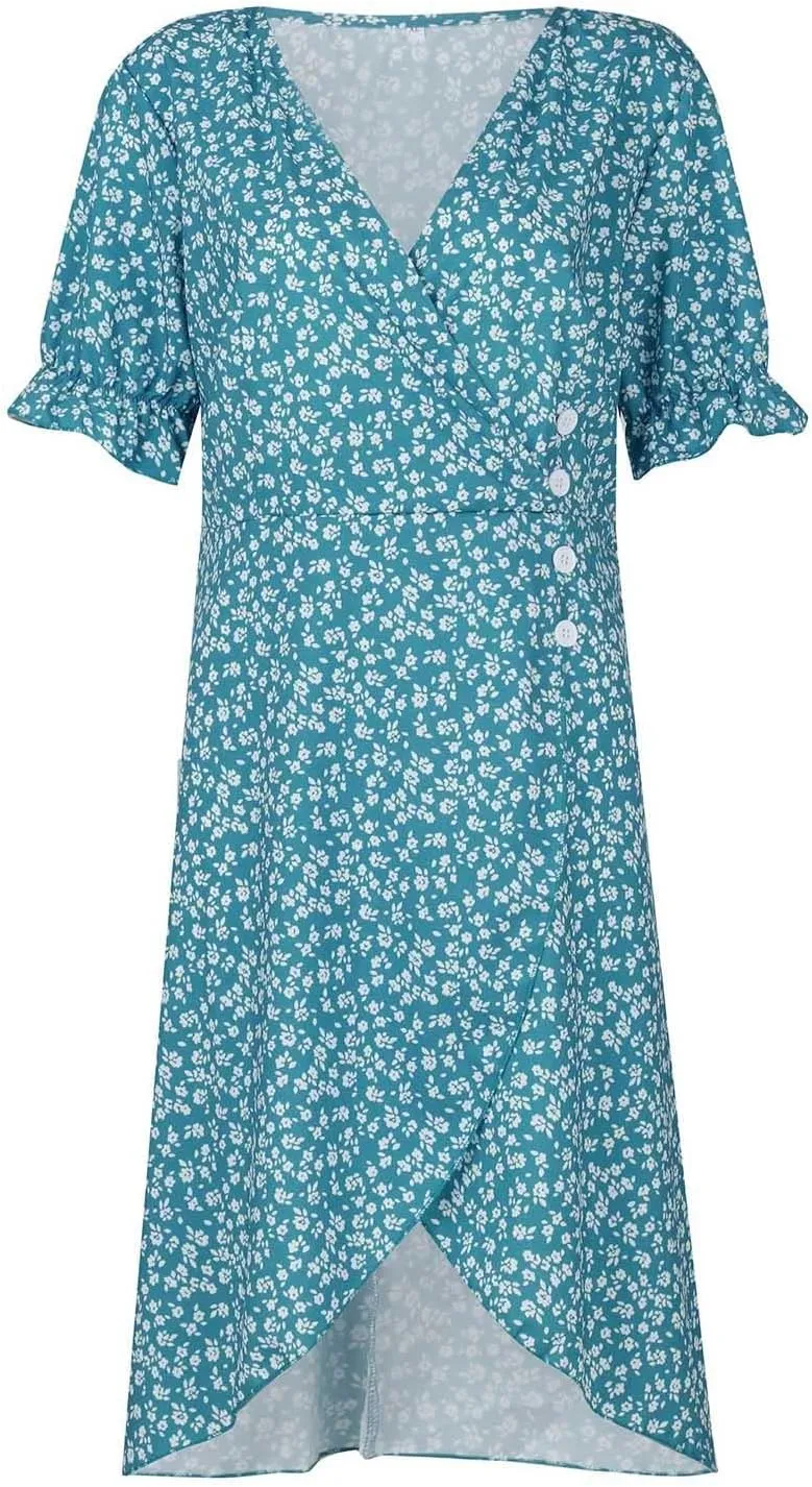 JJHAEVDY Dresses for Women 2024 Printed Short Sleeve Dress V Neck Ruffle Hem Dresses Summer Beach Dresses Elegant Midi Dress