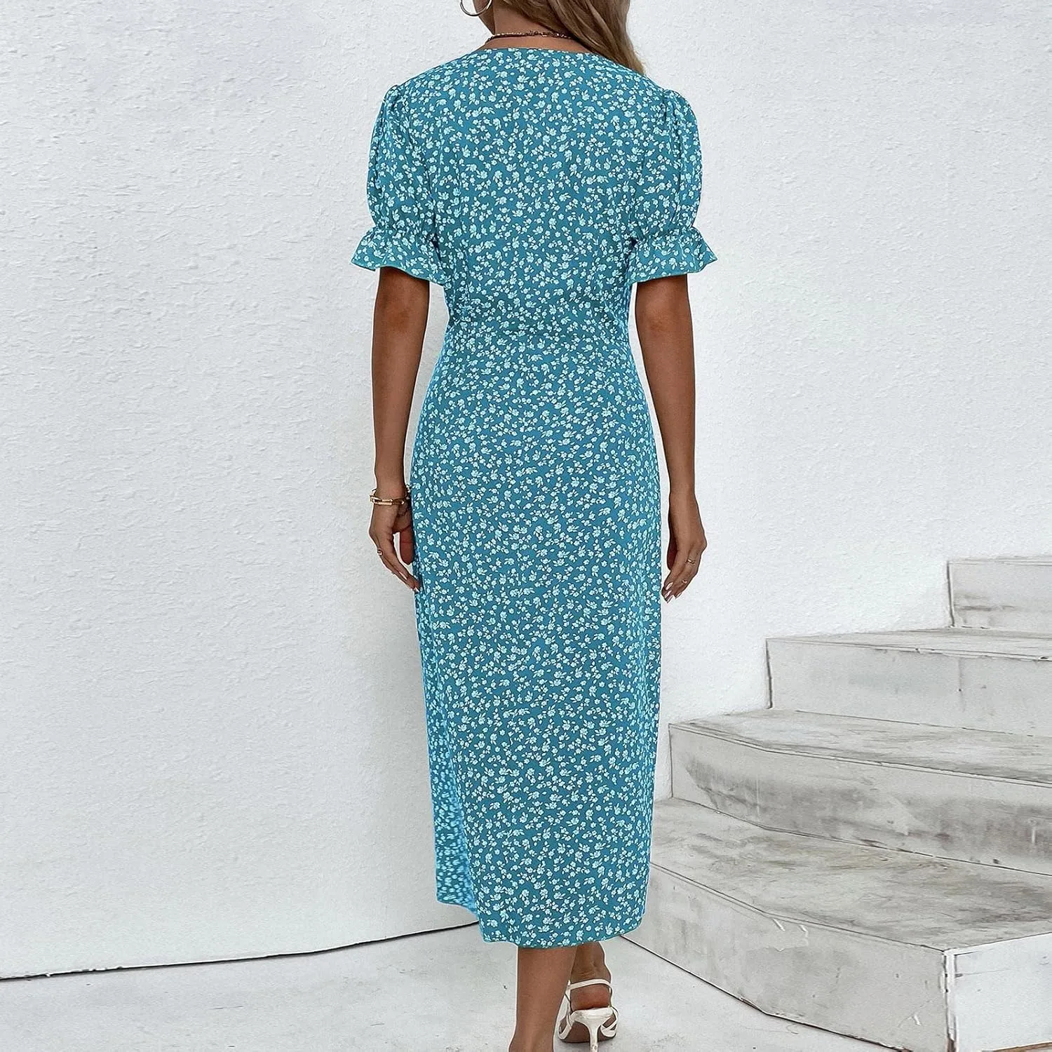 JJHAEVDY Dresses for Women 2024 Printed Short Sleeve Dress V Neck Ruffle Hem Dresses Summer Beach Dresses Elegant Midi Dress