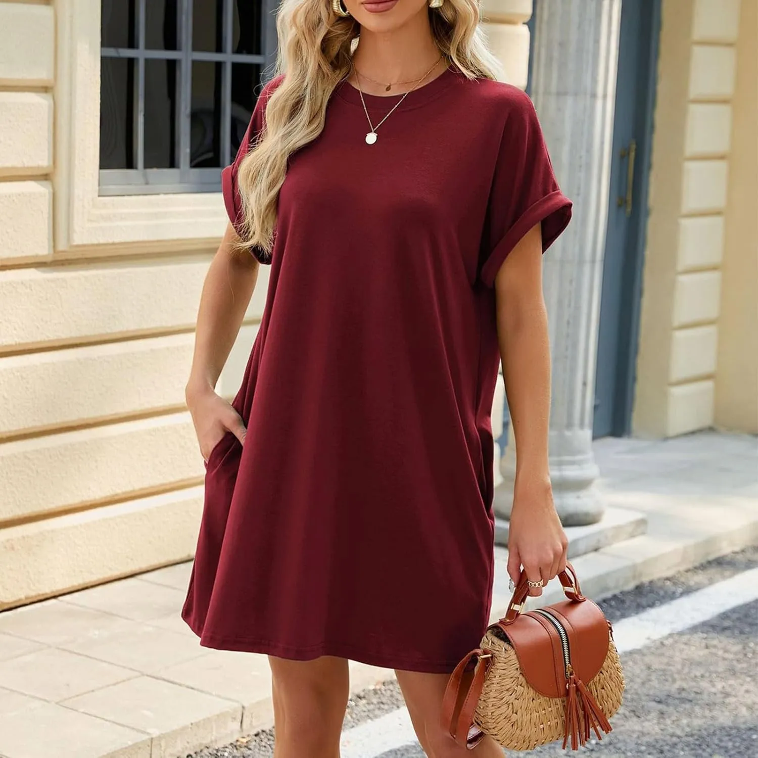JJHAEVDY Summer Dresses for Women 2025 Short Sleeve Crewneck T-Shirt Dress Solid Color Loose Dresses Basic Short Dress Pajama