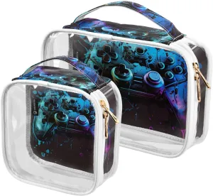 Joystick Print 2 Pack Clear Toiletry Bag Women Men, Portable Waterproof Clear Pouch, Cosmetic Bag with Double Zippers Large Opening Traveling with Handle for Bathroom Traveling Vacation Organizing