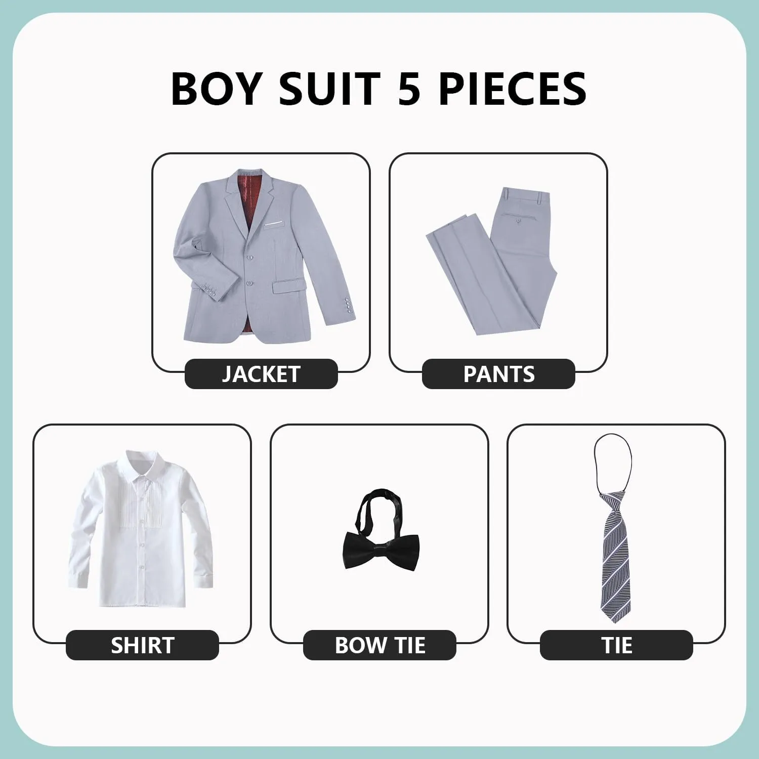 JPF Boys Formal Suits Slim Fit 5 Piece Kids Suit Jacket Pants Set with Dress Shirt and Tie for Wedding Prom